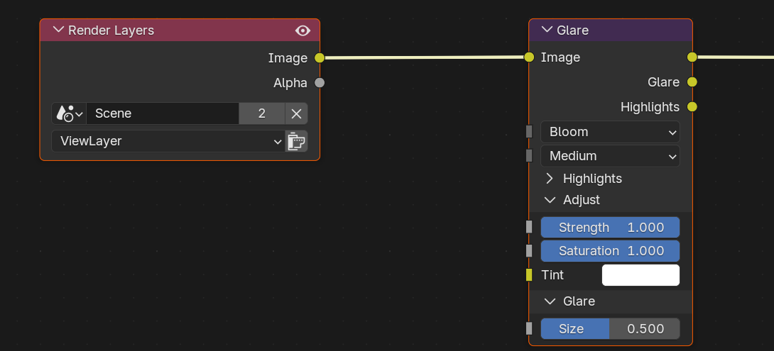 Blender 5.1.1 Compositor node editor in EEVEE Next showing a Render Layers node connected to a Glare node set to Bloom type, feeding the group output. The Glare node exposes Type set to Bloom, Quality, Strength, Saturation, Tint, and Size.