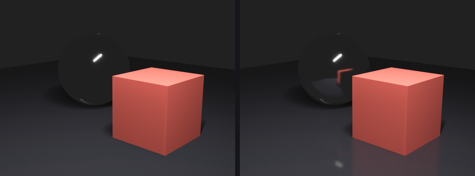 The same chrome sphere, red cube, and glossy floor rendered twice: left with raytracing off, where the sphere and floor show no reflection of the cube; right with raytracing on, where the red cube is reflected on the sphere and across the glossy floor.