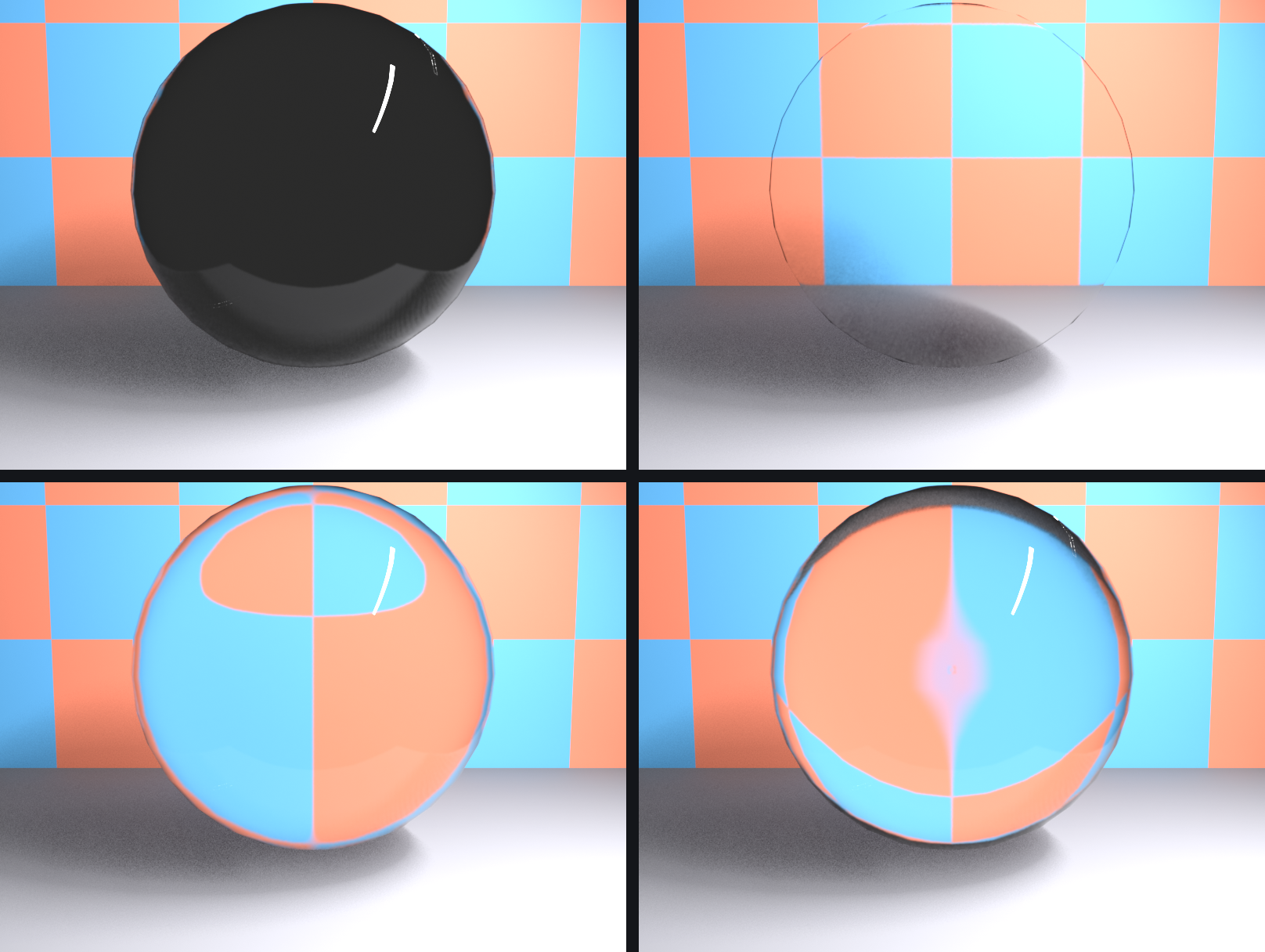 Four-step raytraced refraction setup in EEVEE Next: panel 1 enables scene Raytracing (glass stays opaque), panel 2 turns on the material Raytraced Transmission setting, panel 3 sets the Principled BSDF IOR to 1.45 so light bends, and panel 4 sets material Thickness to Sphere so the backdrop checker bends and inverts through solid glass.
