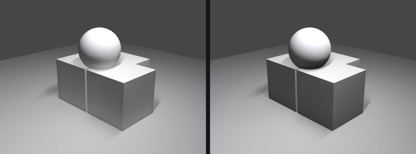 A sphere nestled between matte grey cubes on a grey floor, rendered twice: left with Fast GI off, where crevices stay flat and bright; right with Fast GI on, where the cube seams, the sphere-to-cube contact, and the cube-to-floor contact darken with ambient occlusion.