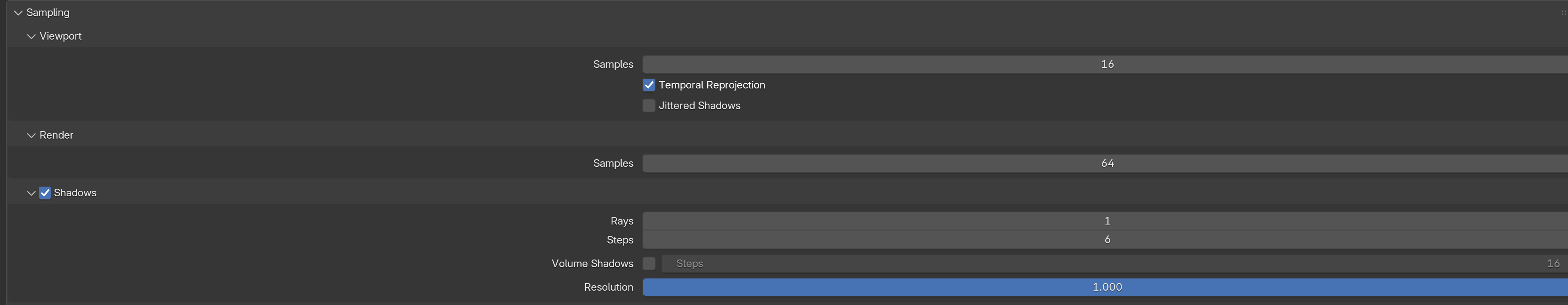 Blender 5.1.1 EEVEE Next Render Properties: the Sampling panel expanded to show the Shadows subpanel, with Render Samples 64, shadow Rays 1, and shadow Steps 6.