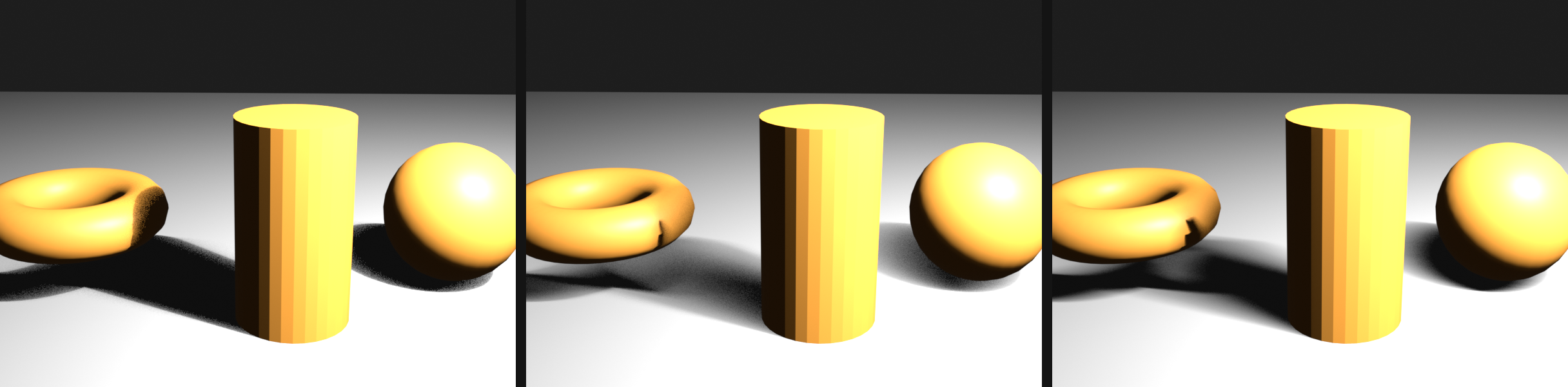Three Eevee renders of the same torus, cylinder, and sphere on a floor, comparing shadow quality at low, medium, and high ray and step counts. The low setting shows grainy, noisy shadow penumbra; medium is cleaner; high is smooth and clean.