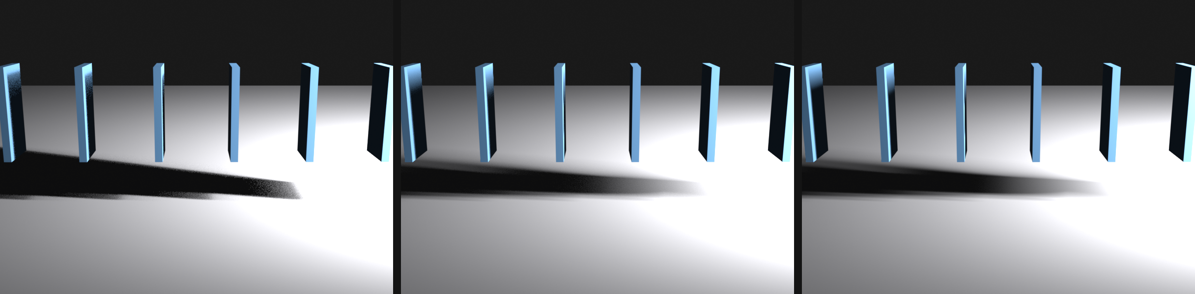 Three Eevee renders of a row of thin slats casting shadows across a floor. The first shows a grainy, noisy shadow edge artifact; the second uses shadow jitter with medium ray and step counts to soften it; the third uses high ray and step counts with jitter for a smooth, clean shadow edge.