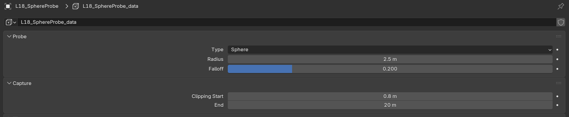 Blender 5.1.1 Object Data Properties for a Sphere light probe in EEVEE Next, showing the Probe panel with Type set to Sphere, the Radius and Falloff controls, and the Capture panel with Clipping Start and End.