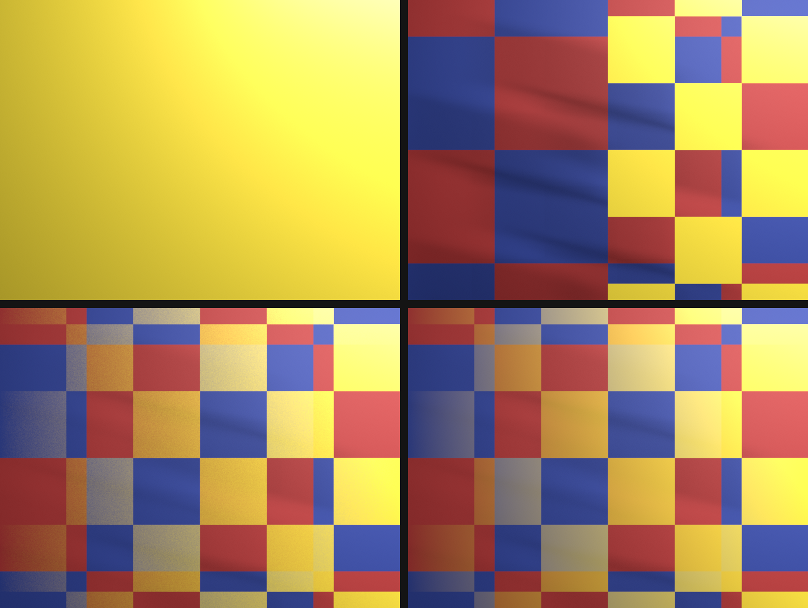 A two-by-two grid comparing how an alpha-cutout checker material renders in Eevee. Opaque shows a fully solid plane. Alpha Clip shows a hard binary cutout revealing the backdrop. Dithered shows stochastic grain in the semi-transparent cells. Blended shows smooth, clean transparency over the same backdrop.