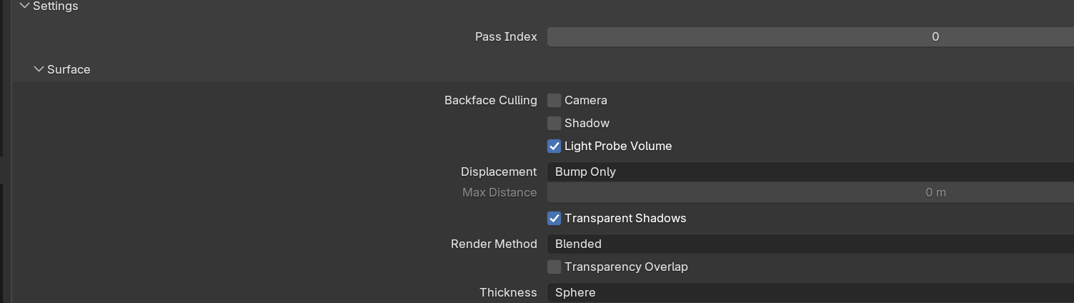 Blender 5.1.1 Material Settings panel for a glass material, showing Transparent Shadows enabled, Render Method set to Blended, and Thickness set to Sphere.