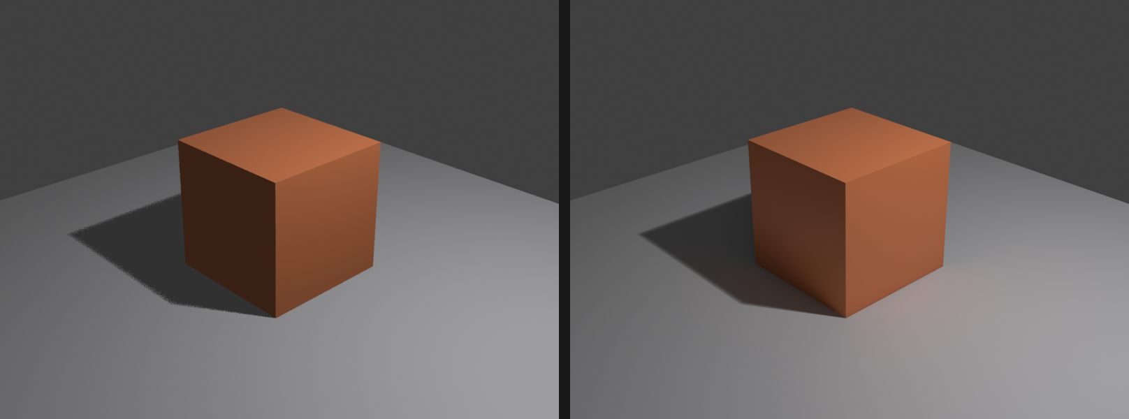 Side-by-side EEVEE Next renders of a red cube on a grey floor: left at 4 viewport samples with a noisy shadow, right at 64 render samples with raytracing showing a clean soft shadow and subtle bounce light.