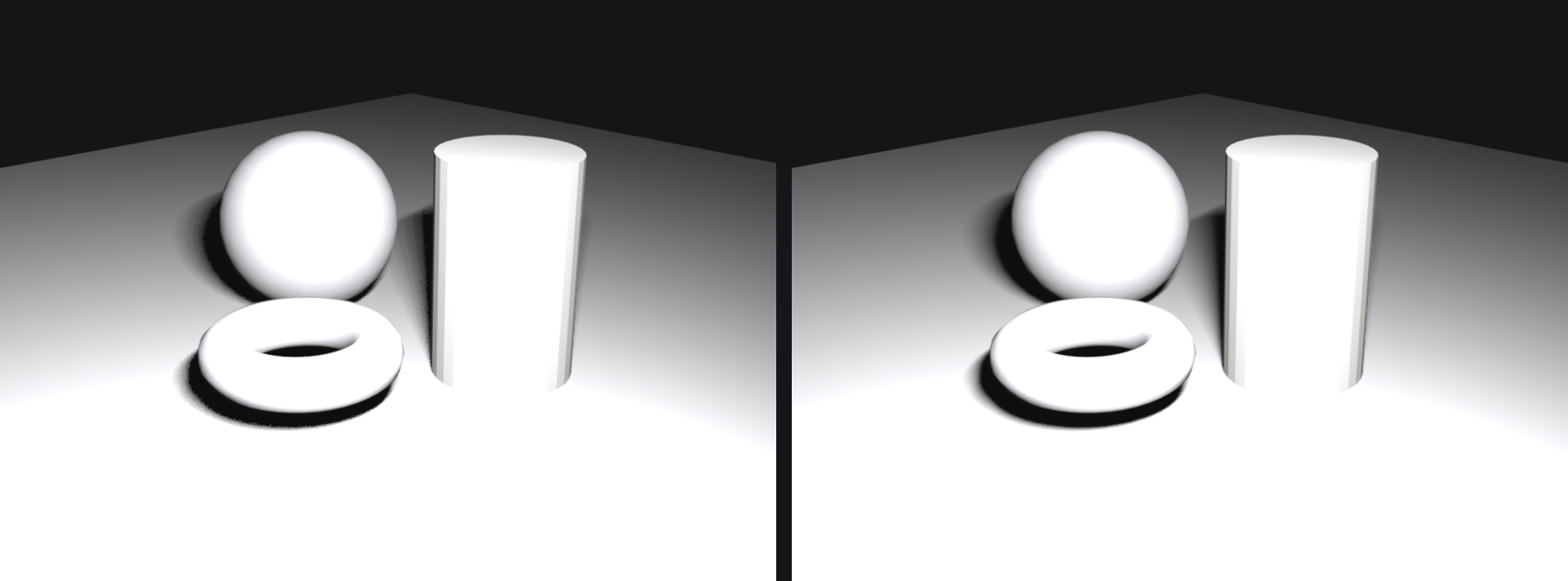 A sphere, cylinder, and torus resting on a floor, rendered twice: left with shadow rays 1 and steps 2, where the contact shadows under the objects are grainy and noisy; right with shadow rays 4 and steps 16, where the same contact shadows are clean and smooth.
