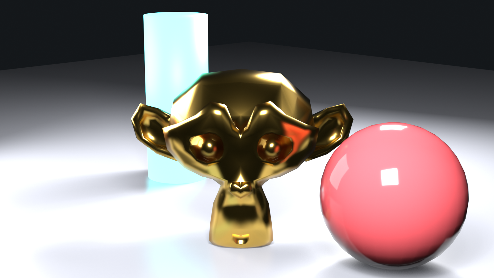 A finished EEVEE Next hero render: a polished gold metallic figure lit by a three-point setup on a soft grey floor, beside a glossy red sphere and a glowing cyan emissive pillar. Raytraced reflections, soft shadows, and indirect light bounce are all visible, showing the real-time result this lesson builds toward.