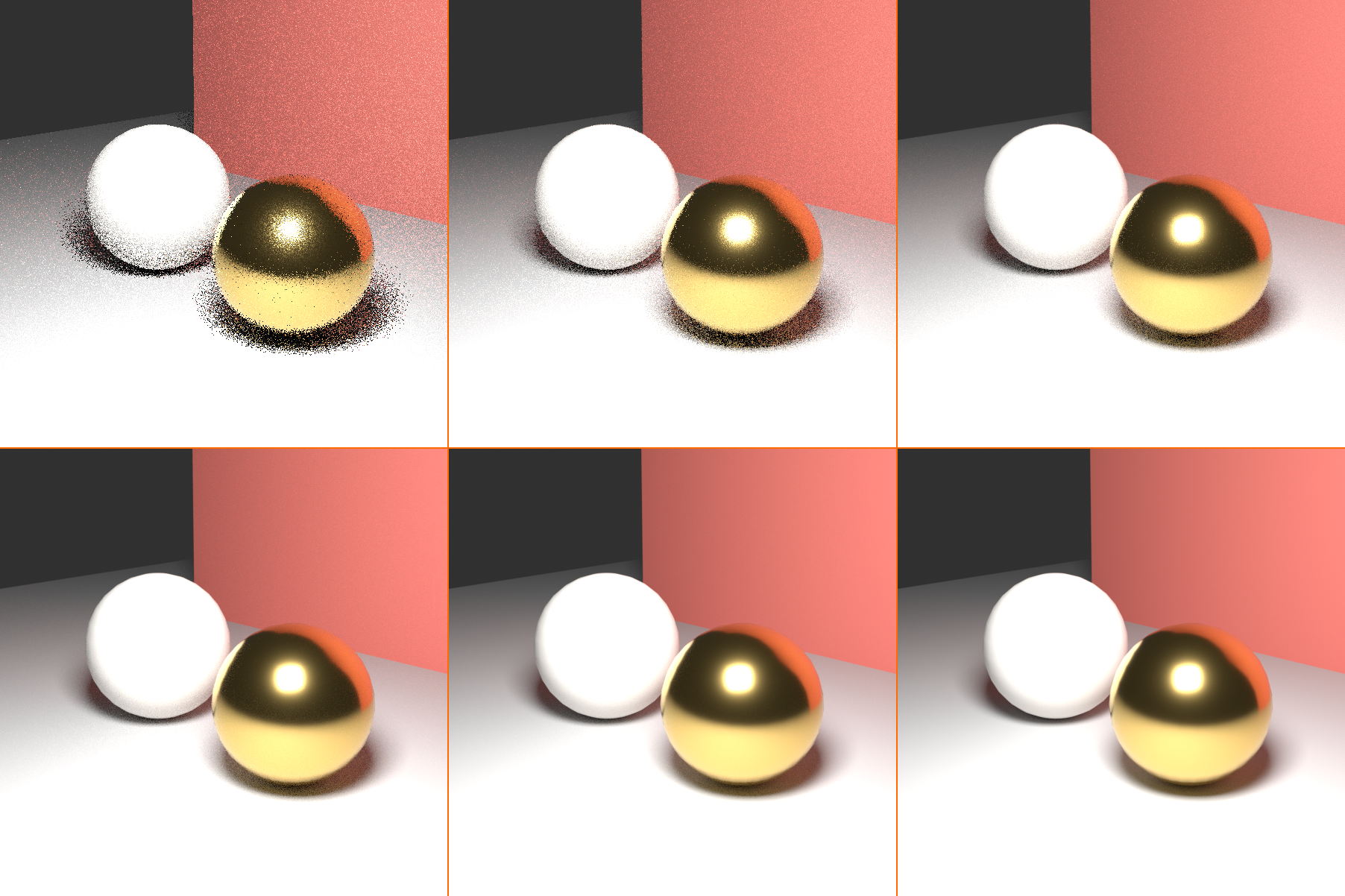 Six Cycles renders of the same scene at 1, 4, 16, 64, 256, and 1024 samples. At 1 sample the image is heavy grain with black firefly speckle across the floor and shadows; noise drops visibly at each step until 1024 samples is essentially clean.