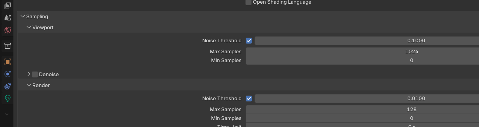 Cycles Sampling panel showing Viewport and Render subpanels, with the Render Max Samples value set to 128.