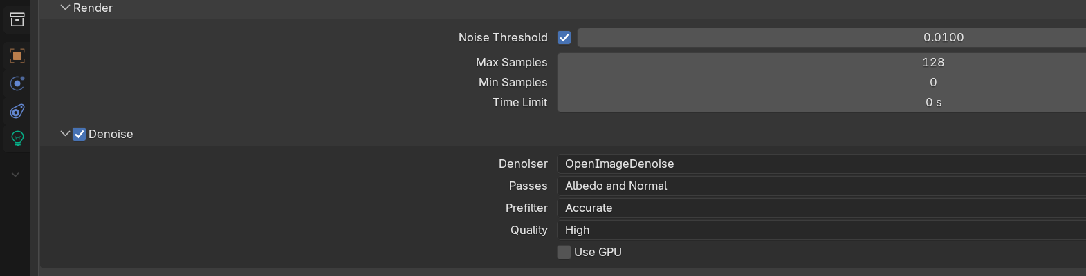 Blender Sampling panel with the Render Denoise subpanel expanded, showing Denoiser set to OpenImageDenoise, Passes Albedo and Normal, Prefilter Accurate, and Quality High.