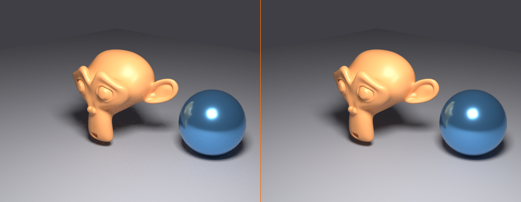 Side-by-side Cycles render comparison at 16 samples: the left panel is grainy with visible noise across the surfaces, shadows, and floor; the right panel, denoised from the same 16-sample input, is smooth and clean.