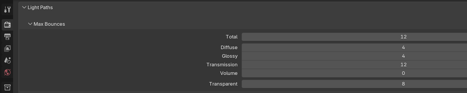 Blender Light Paths panel in Cycles with the Max Bounces subpanel expanded, showing Total 12, Diffuse 4, Glossy 4, Transmission 12, Volume 0, and Transparent 8.
