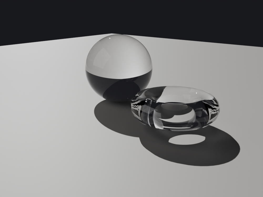 A Cycles render of a clear glass sphere and a glass torus on a neutral floor under a sharp directional light. Each glass object bends and focuses the light into a bright concentrated caustic pool on the floor within its shadow, the torus forming a bright ring of light and the sphere a focused bright patch.