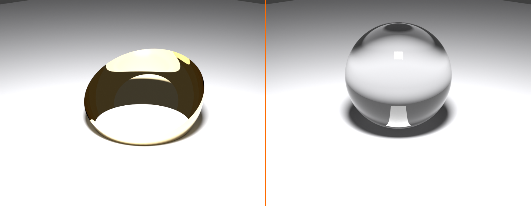 Two Cycles renders side by side: left, a polished gold concave reflector focusing a bright crescent of light (reflective caustic); right, a clear glass sphere concentrating light into a bright pool beneath it (refractive caustic).