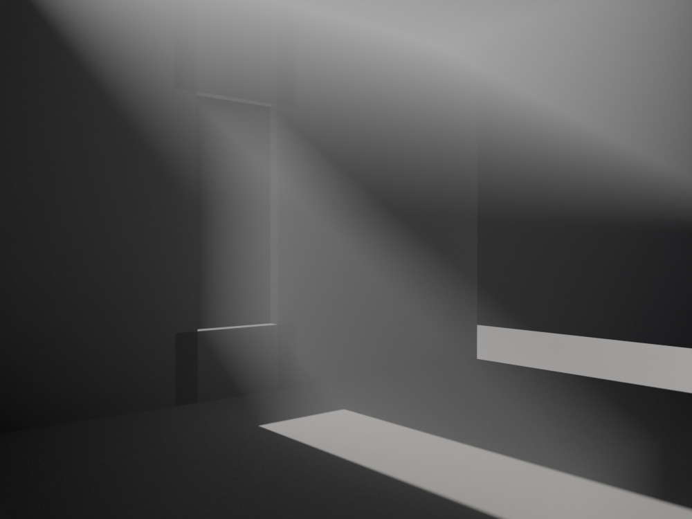 A Cycles render of a dark room with a tall window slit. A bright shaft of sunlight streams diagonally through the opening, made visible as a glowing beam by a Volume Scatter medium filling the air, and lands as a bright pool of light on the floor.
