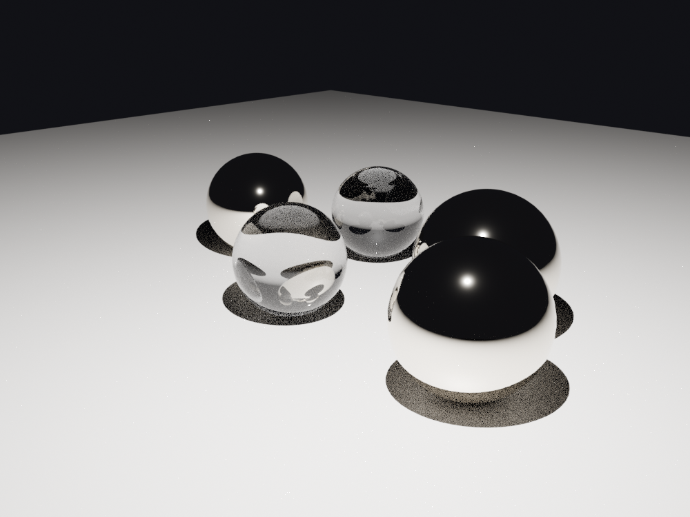 Cycles render of five shiny spheres on a floor showing the fireflies problem. Two isolated bright white pixels sit on the open floor away from the objects, each circled and labelled FIREFLY in red. They are statistical outliers from the tiny intense light and the polished and glass materials rendered at low samples with clamping off.