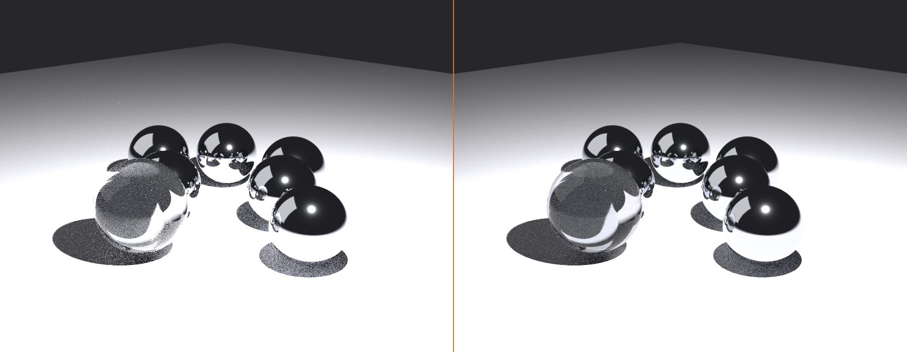 Side by side Cycles render comparison. Left panel with high-energy clamping off shows bright firefly speckles scattered through the glass sphere and contact shadows. Right panel with indirect clamping set low shows the same scene cleaned up, the bright outlier pixels removed.