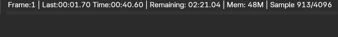 The Blender render-progress header during a Cycles render, showing Frame, Last and Time, Remaining, the live Mem reading, and the current Sample count out of the sample budget.