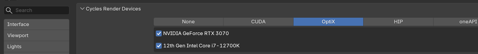 Blender Preferences, System tab, Cycles Render Devices section: the OptiX backend button is selected and both the NVIDIA GeForce RTX 3070 and the Intel Core i7-12700K devices are checked.