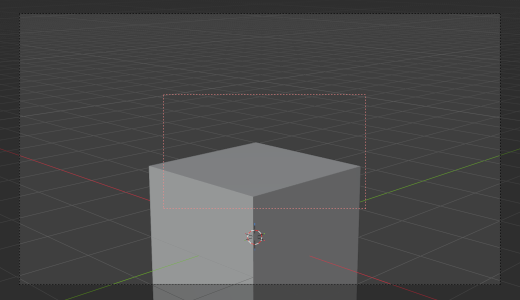 Blender camera view with a render region drawn as a dashed box over the upper part of the cube, sitting inside the larger dashed camera frame.