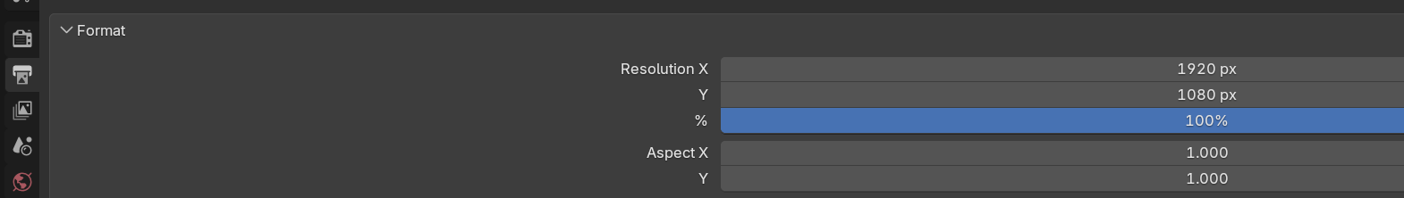 Blender Properties Output tab, Format panel. Resolution X is 1920 px, Y is 1080 px, and the percentage field is set to 100 percent. The percentage field is highlighted.