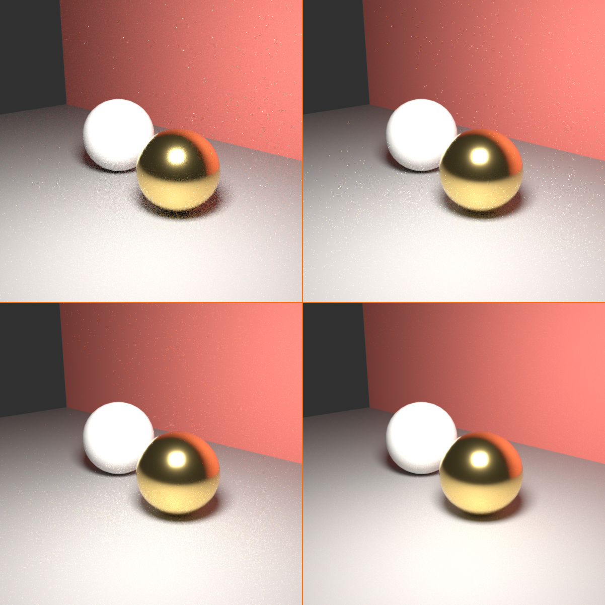 The same glass-and-metal sphere scene by a red wall rendered four times at increasing Cycles sample counts: 10 samples is heavily grainy, 50 samples is cleaner with noise in the shadows, 200 samples is nearly clean, and 1000 samples is smooth and noise-free.