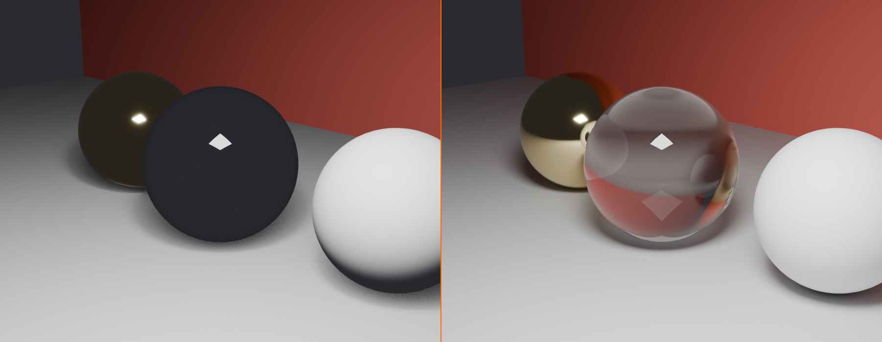 The same scene of a glass sphere, a polished metal sphere, and a matte sphere by a red wall, rendered in EEVEE on the left and Cycles on the right under identical AgX color management. EEVEE shows the glass as a flat opaque ball and the metal as a dull surface, while Cycles resolves true glass refraction with a caustic, a bright mirror-finish metal, soft contact shadows, and natural bounce light.