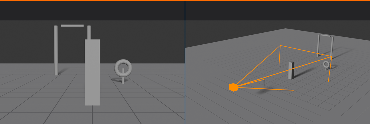 Side by side comparison. Left panel labeled CAMERA VIEW shows the scene as the camera frames it, a flat front-on shot of the hero slab, ring, and gate. Right panel labeled VIEWPORT shows the same scene from a free 3/4 orbit angle with the camera object and its orange view frustum visible in the scene.