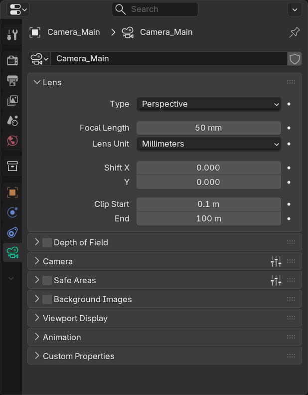 Blender Properties editor docked on the camera. The green camera data tab is active in the left icon column, opening the Lens panel which shows Type Perspective, Focal Length 50 mm, Lens Unit Millimeters, Shift X and Y, and Clip Start 0.1 m to End 100 m.