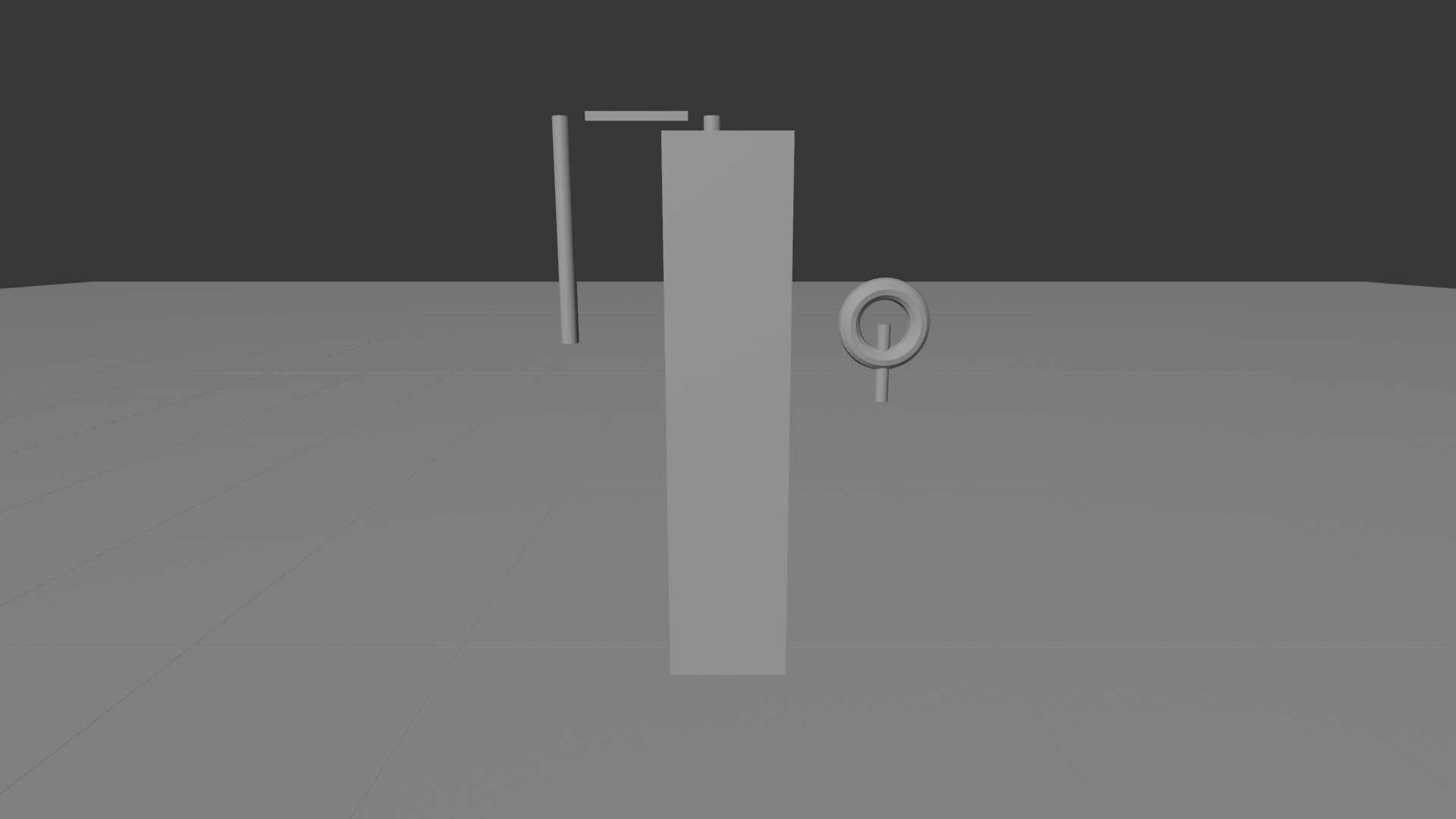 A 20mm wide-angle render of the hero slab with the ring and gate behind it. The wide lens stretches depth so the floor sweeps out expansively, the subject feels close and tall, and the background objects are pushed far away and look small.