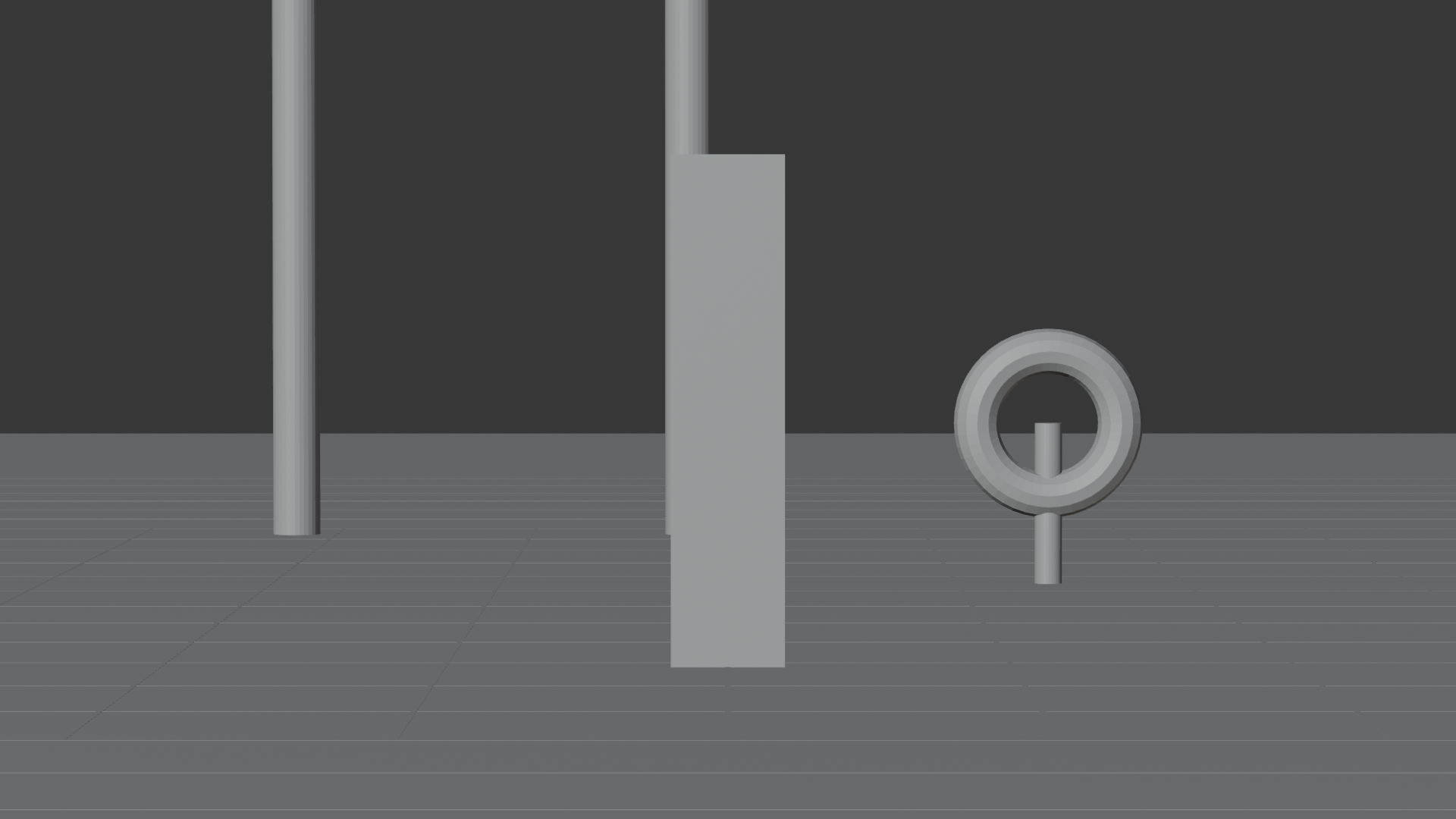A 135mm telephoto render of the same hero slab, ring, and gate. The long lens compresses depth so the background objects appear stacked close behind the subject and the scene looks flattened, with the gate looming large near the top of the frame.