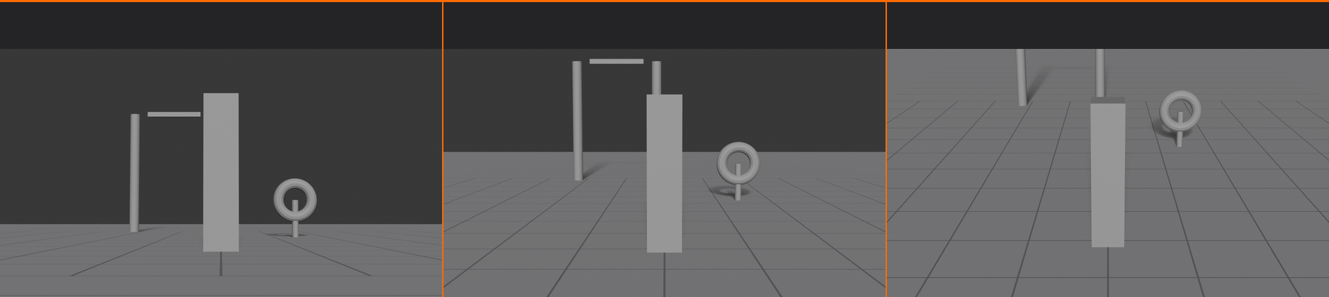 The same subject shot from three camera heights at constant distance. Left panel LOW places the camera near the floor looking up, so the subject towers and the floor is thin. Middle panel EYE LEVEL is balanced and neutral. Right panel HIGH looks down from above, so the floor dominates and the subject feels smaller.