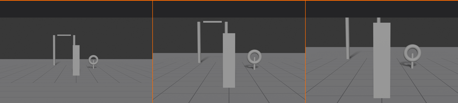 Three panel comparison of shot framing on the same subject. Left panel WIDE shows the hero with lots of surrounding space and the full gate and ring visible. Middle panel MEDIUM tightens in so the hero fills more of the frame. Right panel CLOSE-UP fills the frame with the hero and the gate runs off the top edge.