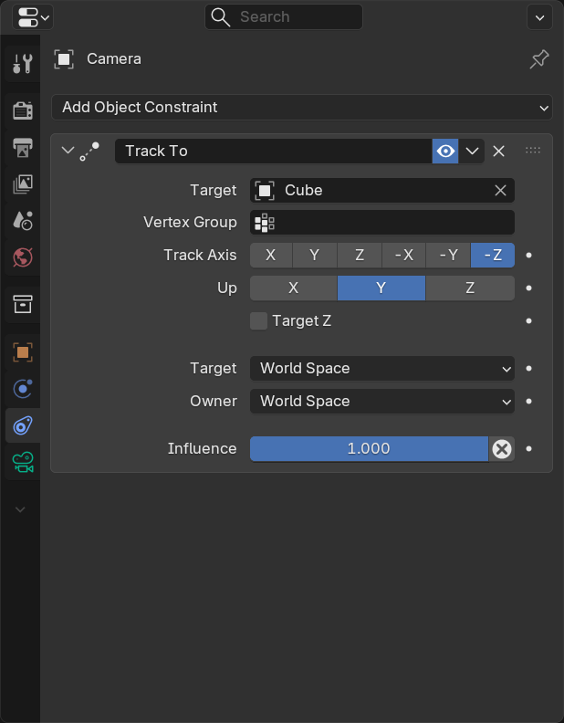 The Track To constraint added to the camera in the Properties editor. The Target field is set to Cube, the Track Axis row has minus Z highlighted, and Up is set to Y. Influence is 1.000, so the camera always aims at the target.