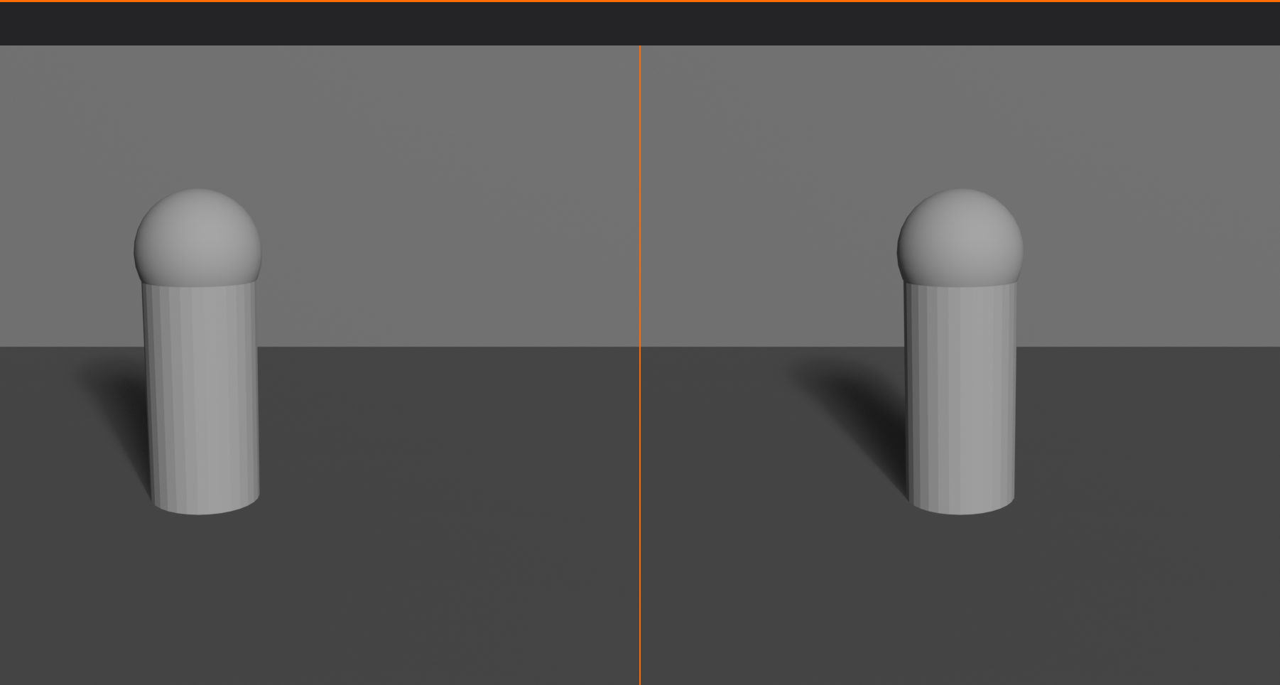 Two side-by-side renders of the same subject and camera. Left, labelled GOOD, places the subject on the left-third line with a rule-of-thirds grid overlaid. Right, labelled BAD, centers the same subject with a cross marking dead-center.