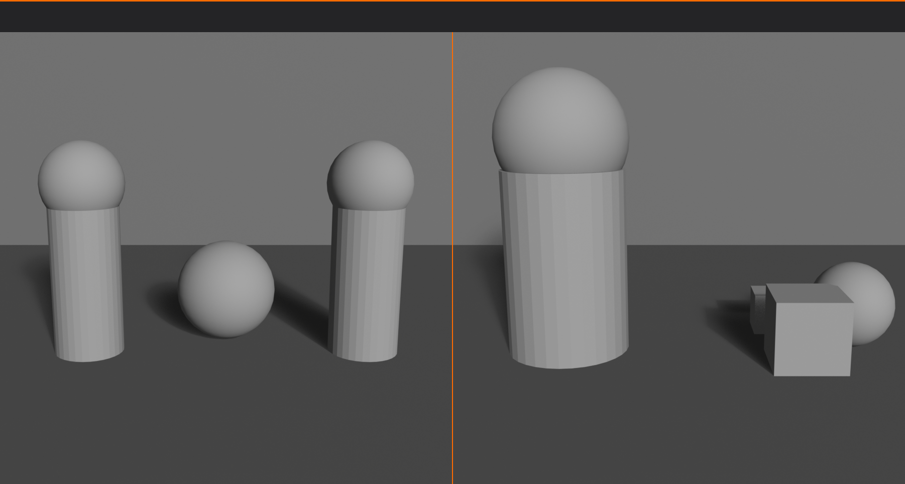 Two renders. Left, labelled SYMMETRY, shows matched mirrored pillars flanking a centered sphere. Right, labelled ASYMMETRY, shows one large dominant mass balanced by a smaller cluster of forms on the opposite side.