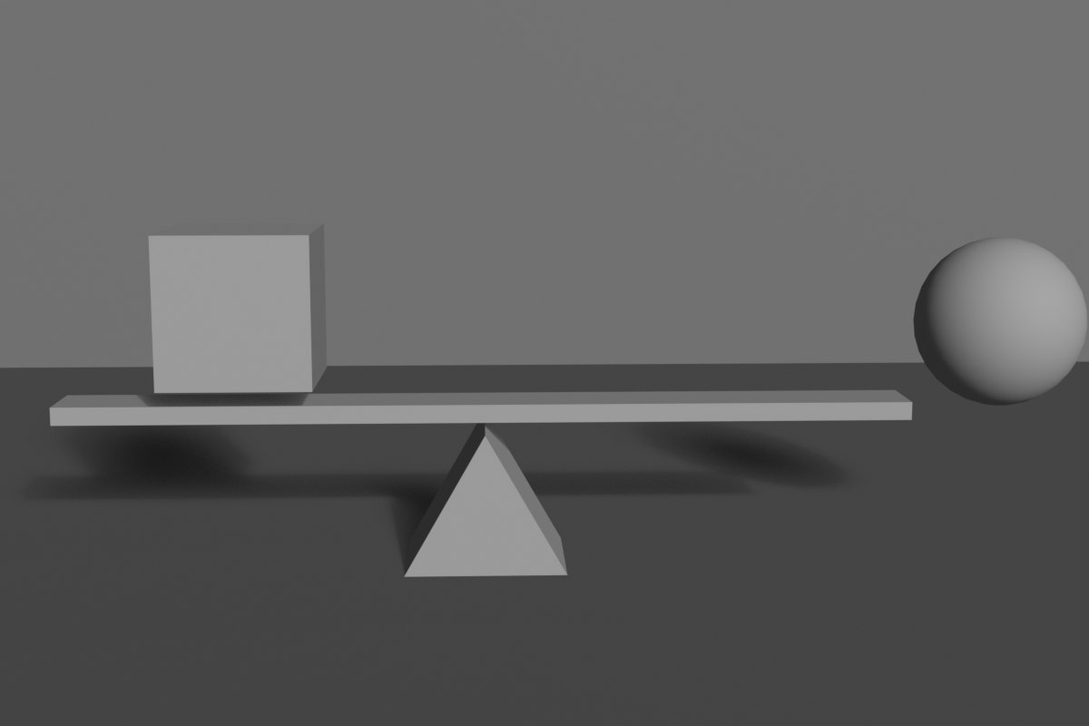 A render of a plank balanced on a central pyramid fulcrum. A large cube sits close to the fulcrum on the left; a small sphere sits far out on the right, the two balancing each other.
