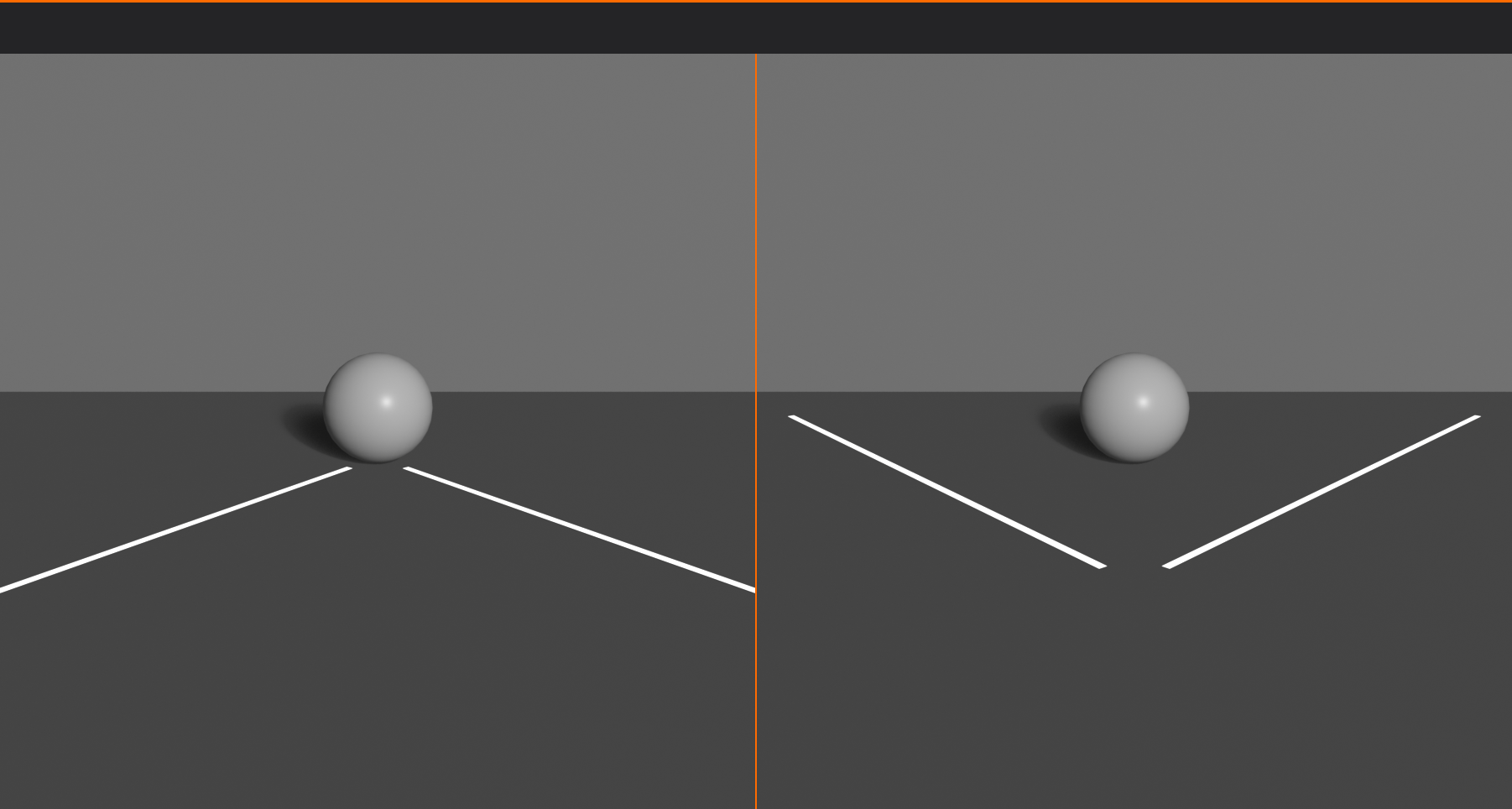 Two renders. Left, labelled GOOD, shows two lines converging upward to meet at the subject sphere. Right, labelled BAD, shows two lines converging to a point below and in front of the subject, so the eye is led past it.