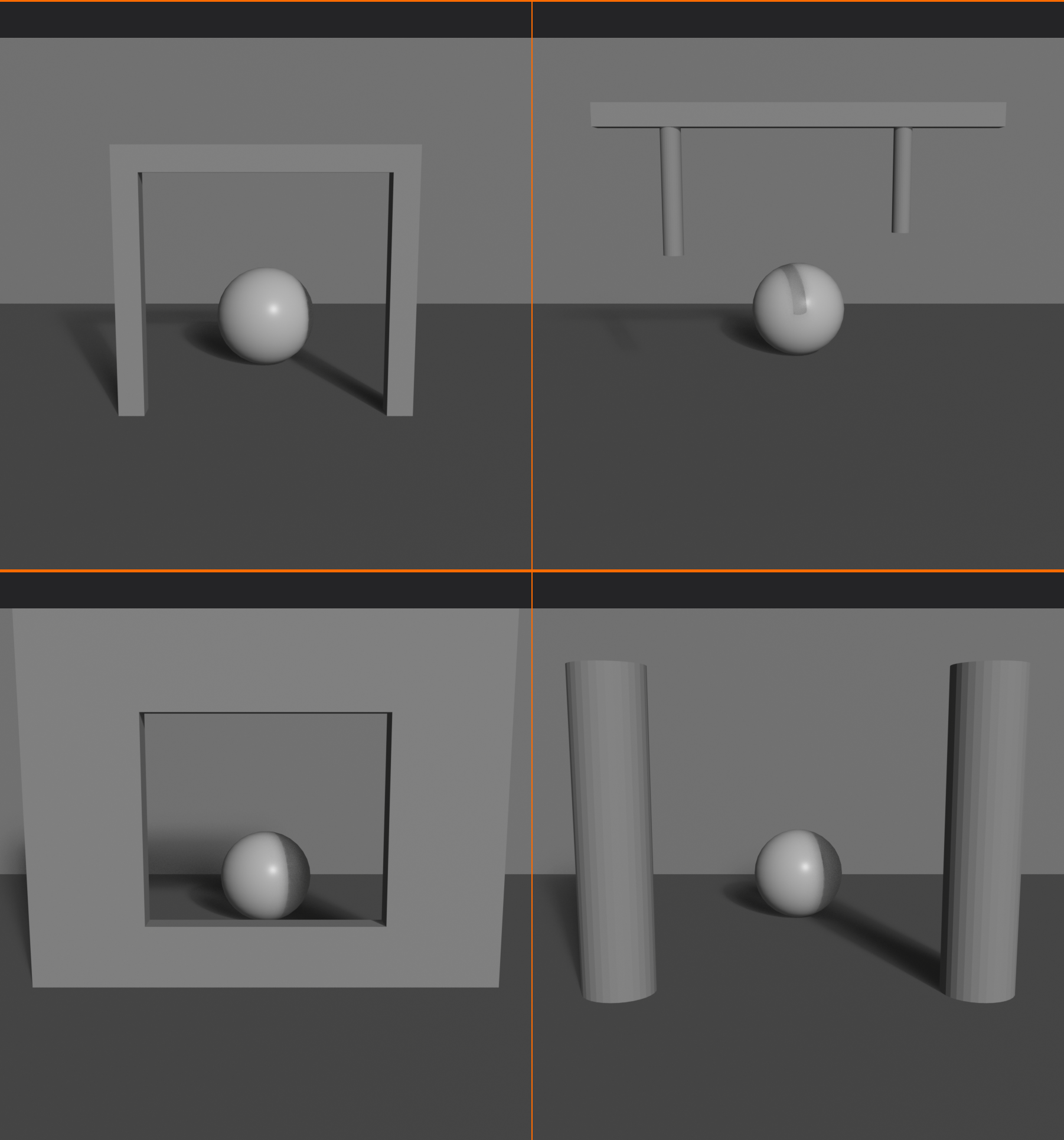 A two by two grid of grey clay renders, each showing the same sphere subject framed by a different natural frame device: an upright open doorway, a horizontal top overhang on two legs, a recessed square window aperture in a wall, and a pair of vertical flanking pillars.