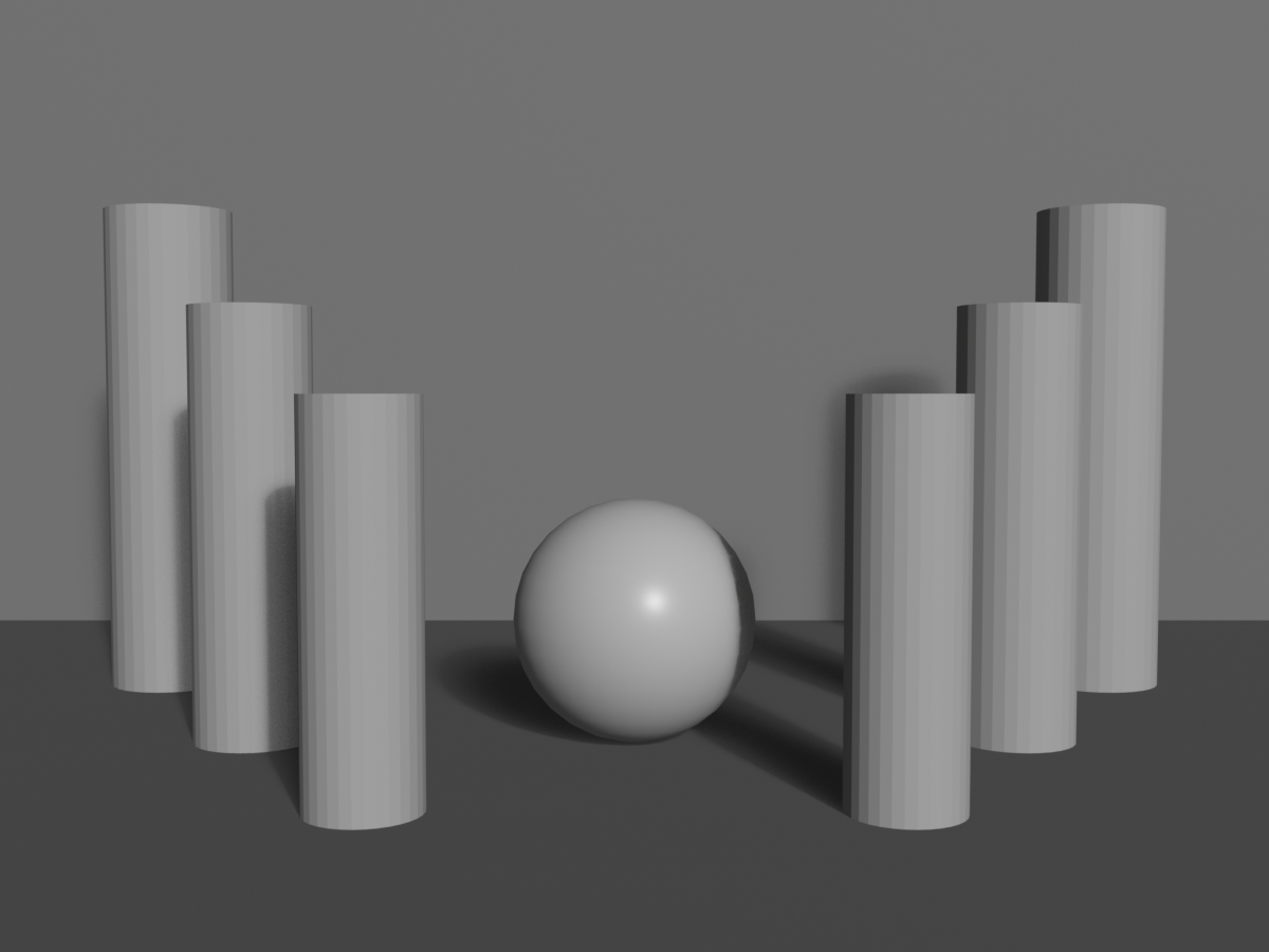 A head-on grey clay render of a hero sphere centered on the frame, flanked by three matched pairs of receding pillars forming a mirror-symmetric colonnade. The left and right halves of the scene mirror each other across the center.