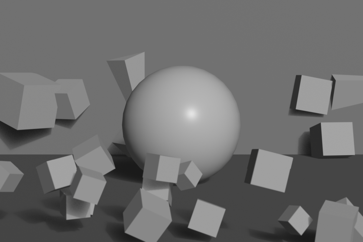 A grey clay render with a sharp, in-focus sphere centered in the frame while scattered cubes in the near foreground and far background are softly blurred by a shallow depth of field, isolating the subject from its surroundings.