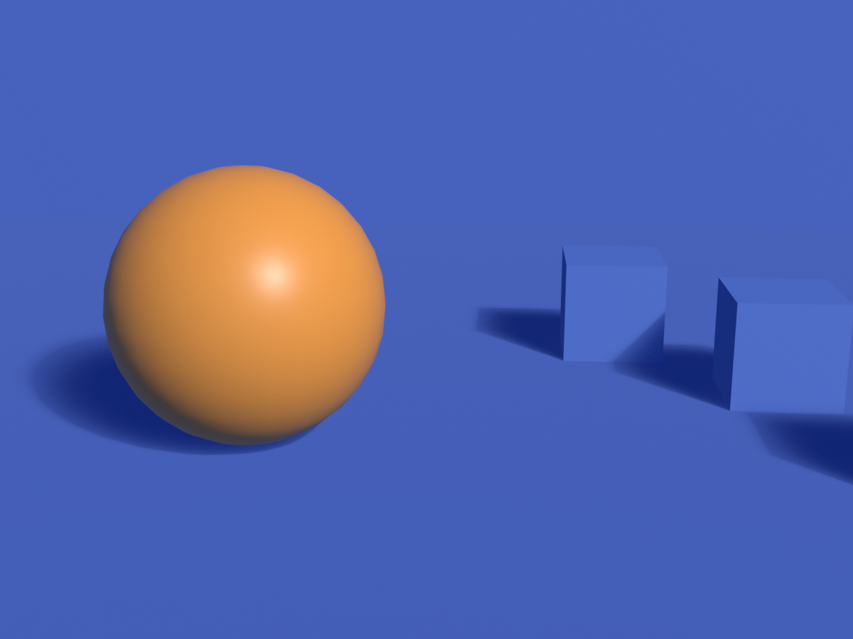 A render of a saturated orange sphere at the left third of the frame popping against a saturated blue field, with blue cube distractors receding into the background. The warm subject leaps forward off the cool background.
