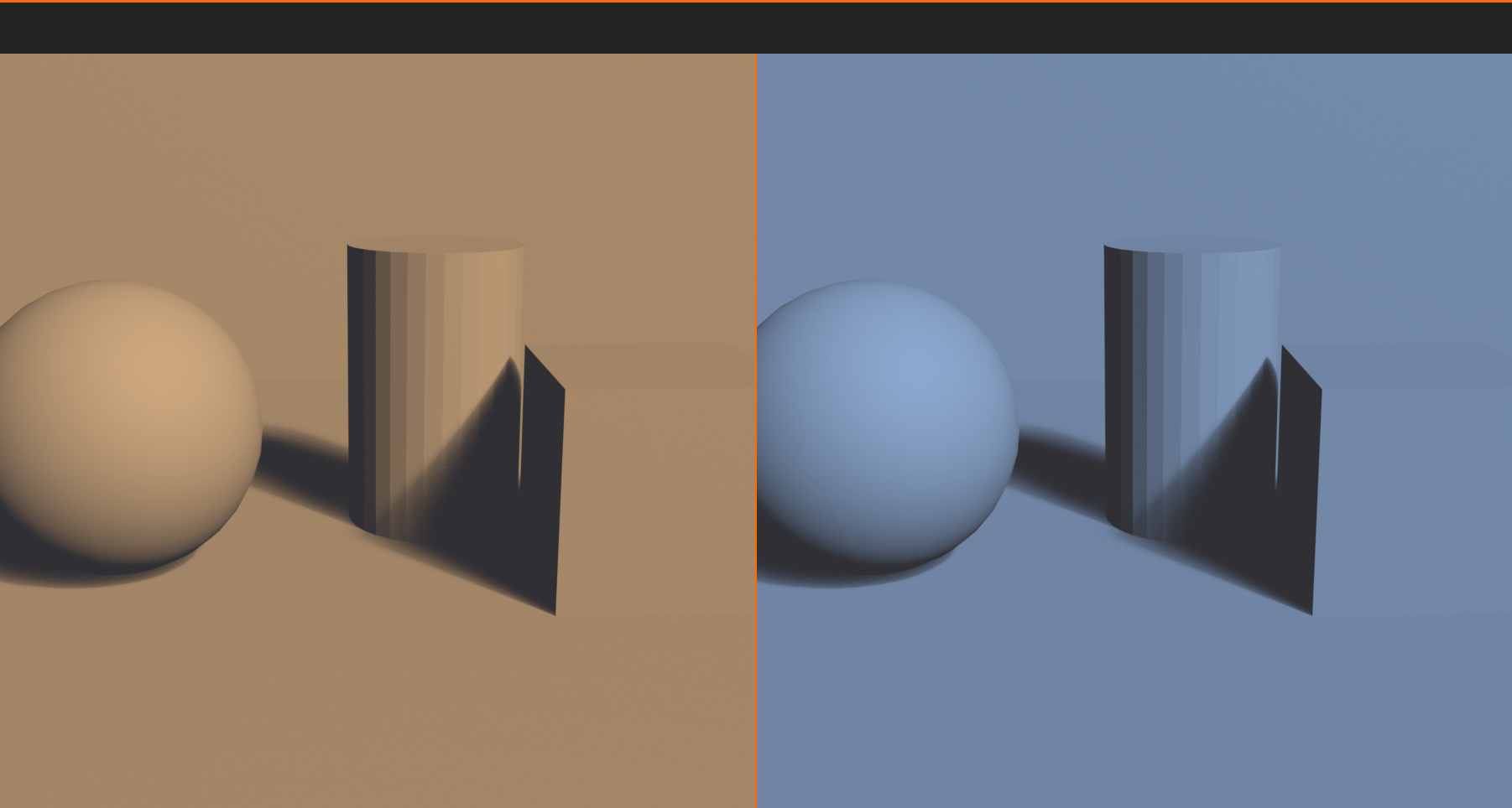 A two panel comparison of the same neutral still life, a sphere and a post, lit by warm light on the left and cool light on the right. Only the color temperature of the light changes between the two panels.