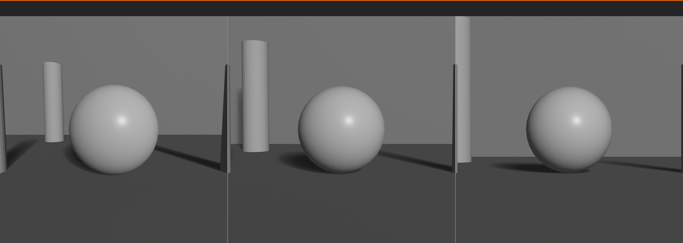 A three panel strip of the same sphere subject shot at 24mm, 50mm, and 135mm. The subject is held at a constant size in all three, but the background and flanking posts compress and crowd in more tightly as the focal length increases from wide to telephoto.