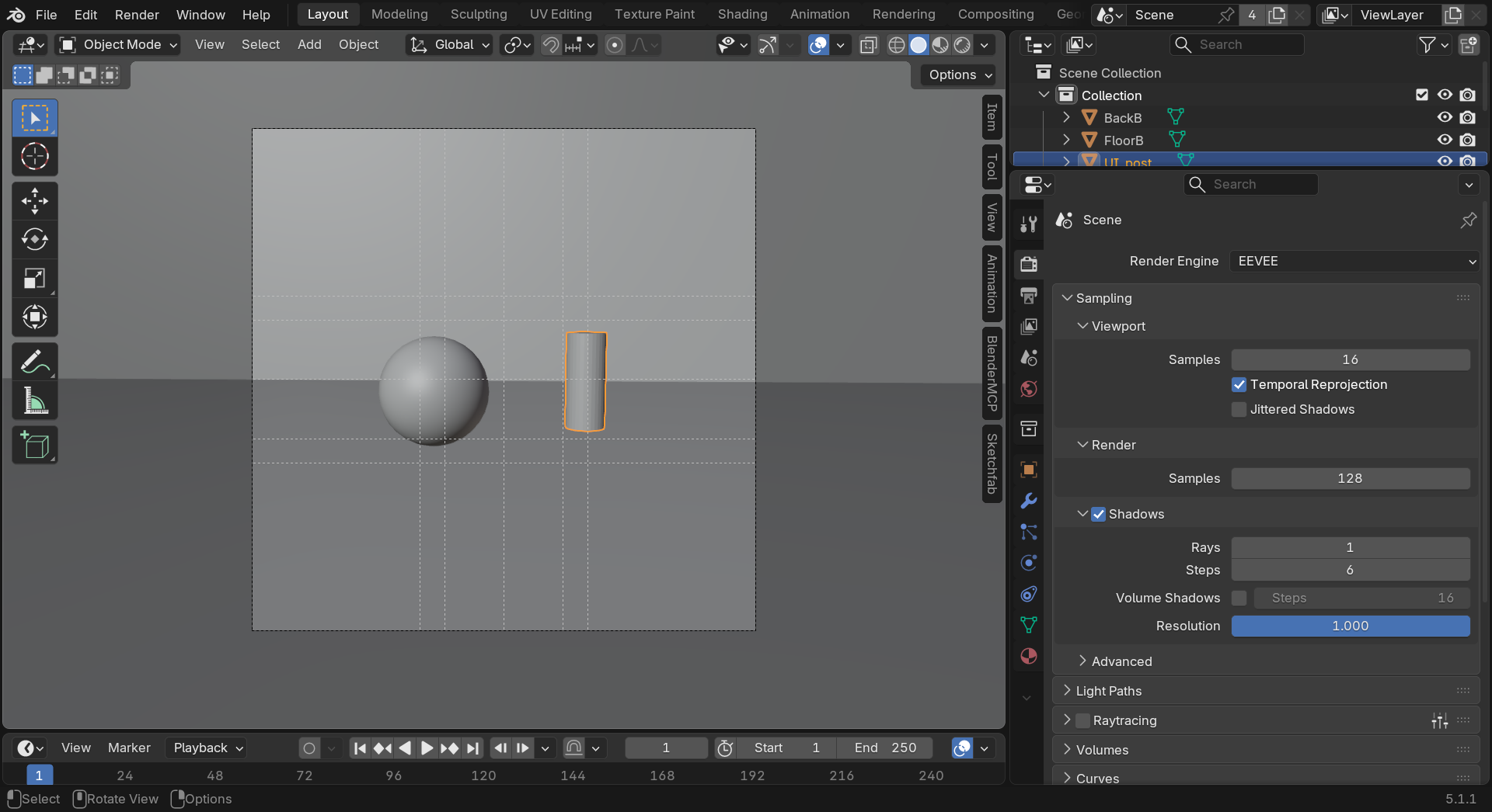 Blender viewport in camera view with the built-in composition guides enabled. Dashed thirds, center, and golden lines overlay the camera frame; a sphere sits near a thirds intersection and a post stands off-center. An orange callout circles a guide intersection and labels it composition guides (thirds, center, golden).