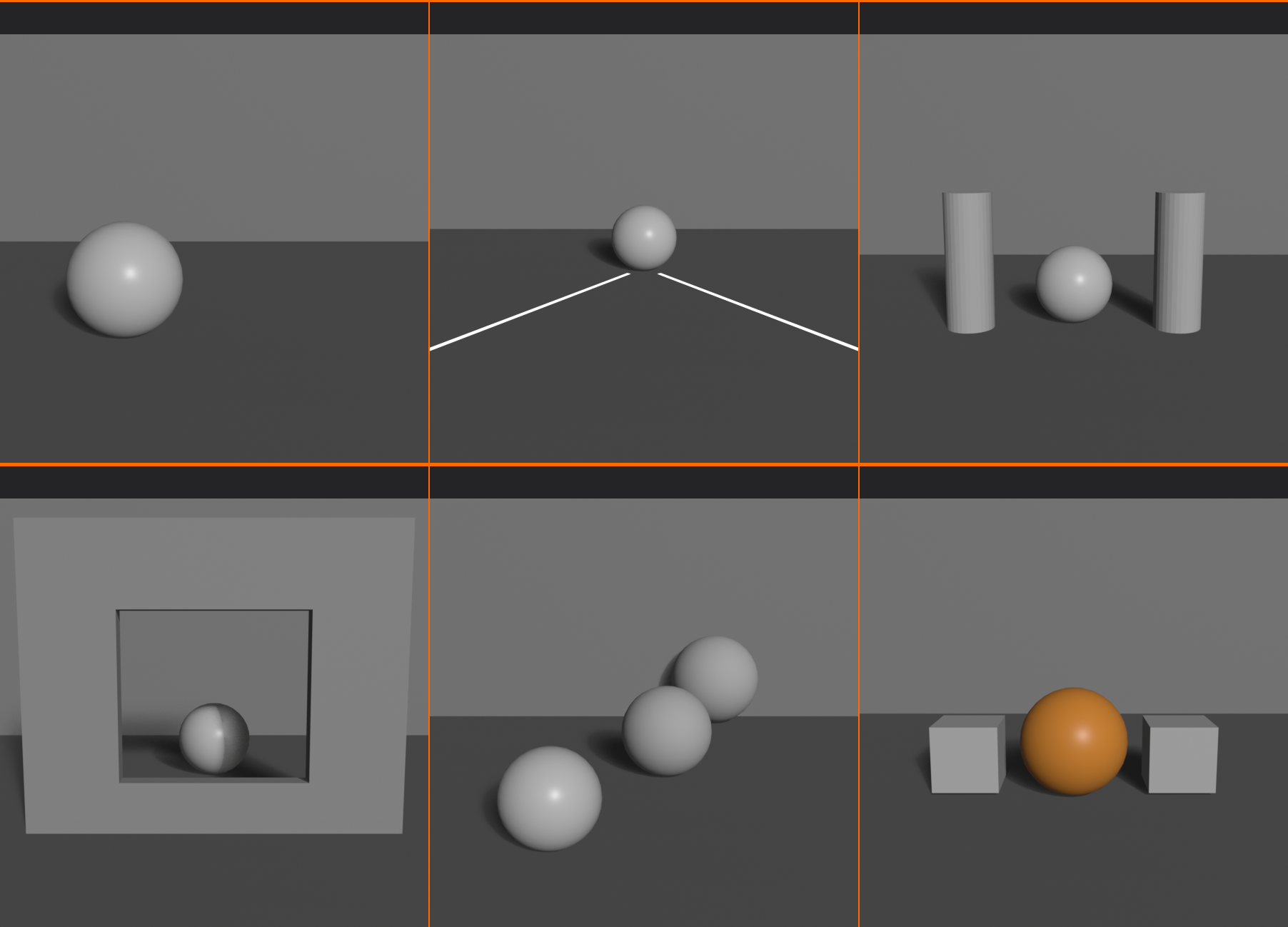 A three by two comparison gallery of six renders of the same simple scene, each demonstrating a different composition principle: rule of thirds, leading lines, and symmetry across the top row; framing, depth, and color across the bottom row. Each cell has a dark label band naming its principle.
