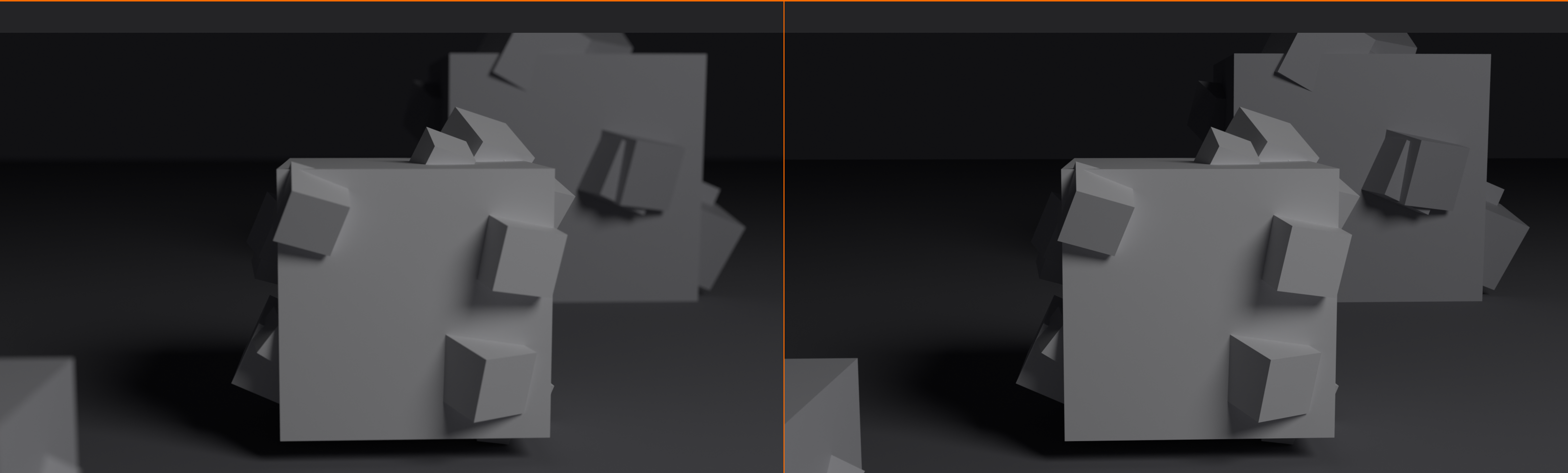 Two renders of the same cube-cluster scene side by side. The left panel, shot at f/1.4, keeps the central cluster sharp while the background cluster falls into blur. The right panel, shot at f/16, is sharp from the front cluster all the way to the back.