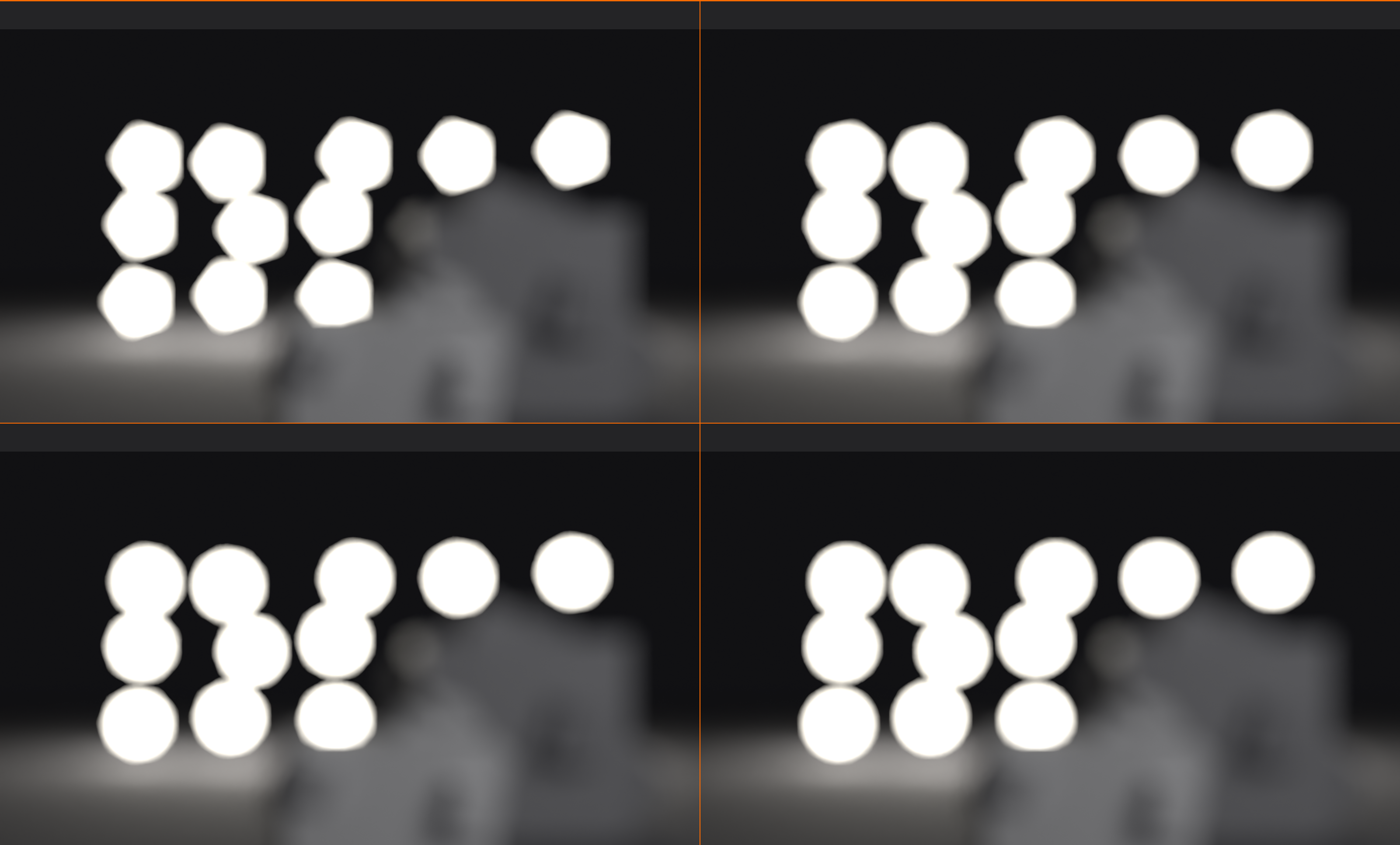 A two by two grid of the same out-of-focus background light array rendered with different aperture blade counts. Top left uses 5 blades and the bokeh discs are clearly pentagonal; top right uses 7 blades; bottom left uses 9 blades; bottom right uses 12 blades and the discs are nearly circular. More blades give rounder bokeh.